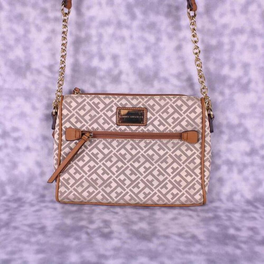 Tommy Hilfiger Monogram Crossbody Bag Beige Tan Jacquard Gold Chain Strap